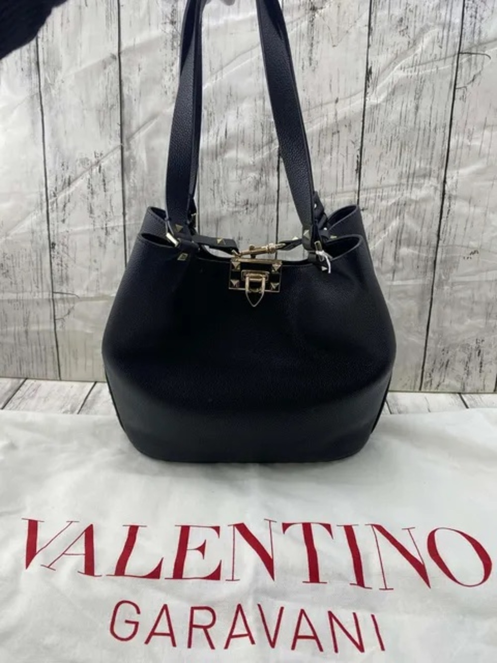 black leather Valentino Garavani Rockstud tote or shopping bag